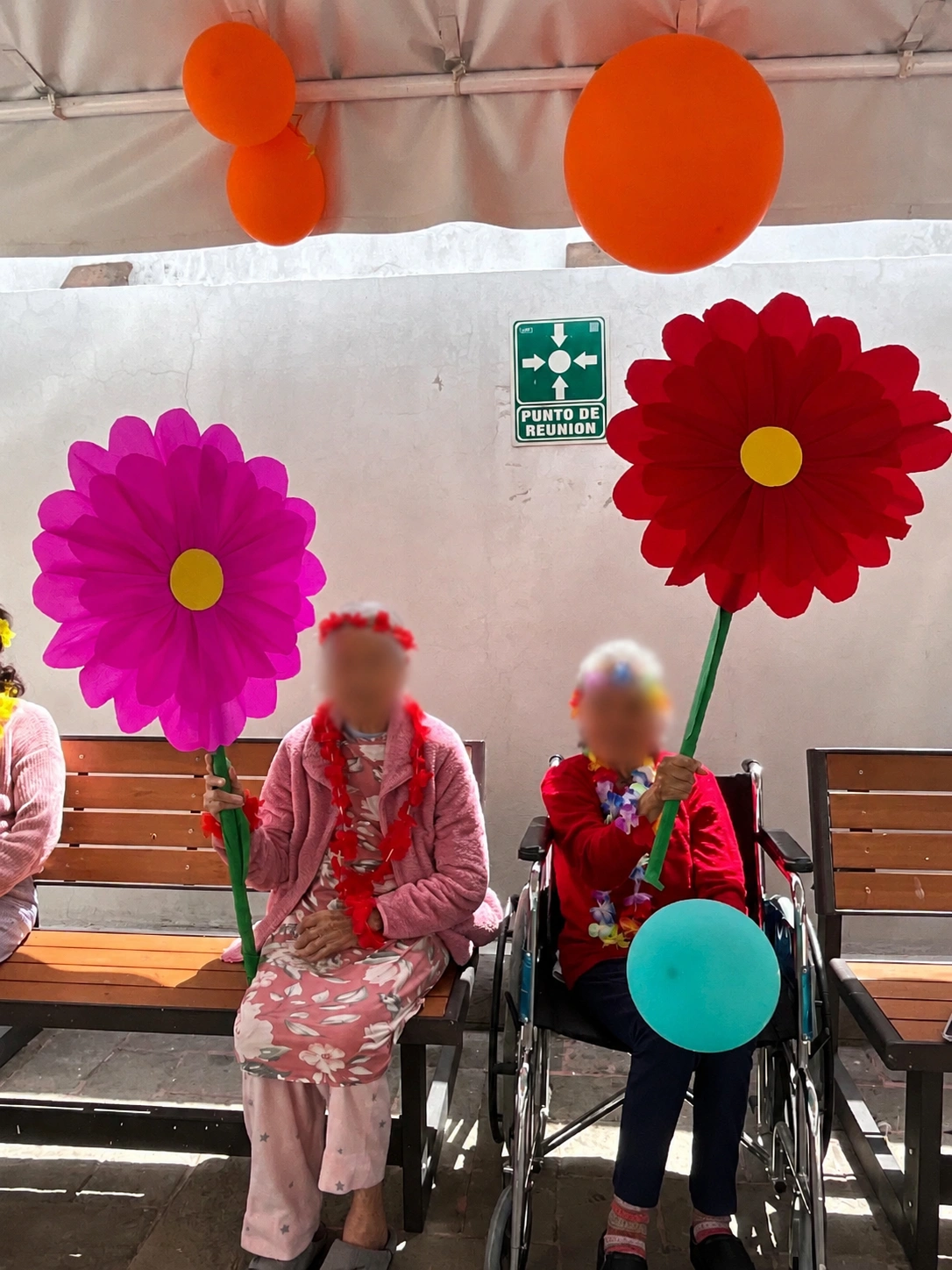 Fiesta temática con decoración, flores y ambiente festivo entre residentes